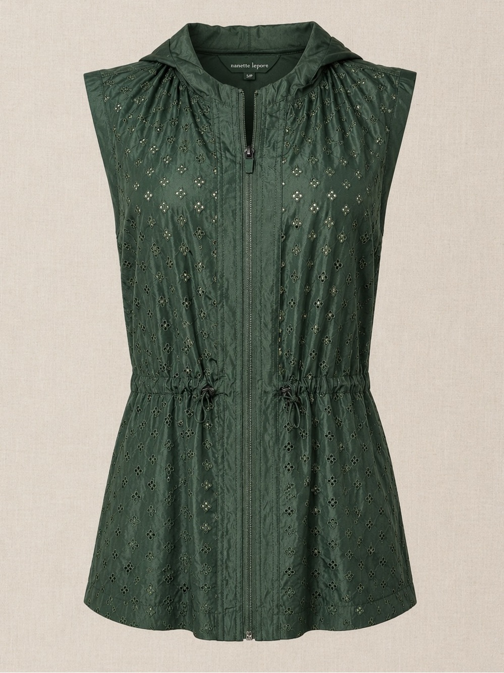 Nanette Lepore Eyelet Hooded Zip Vest Olive Green Size Small NWT
